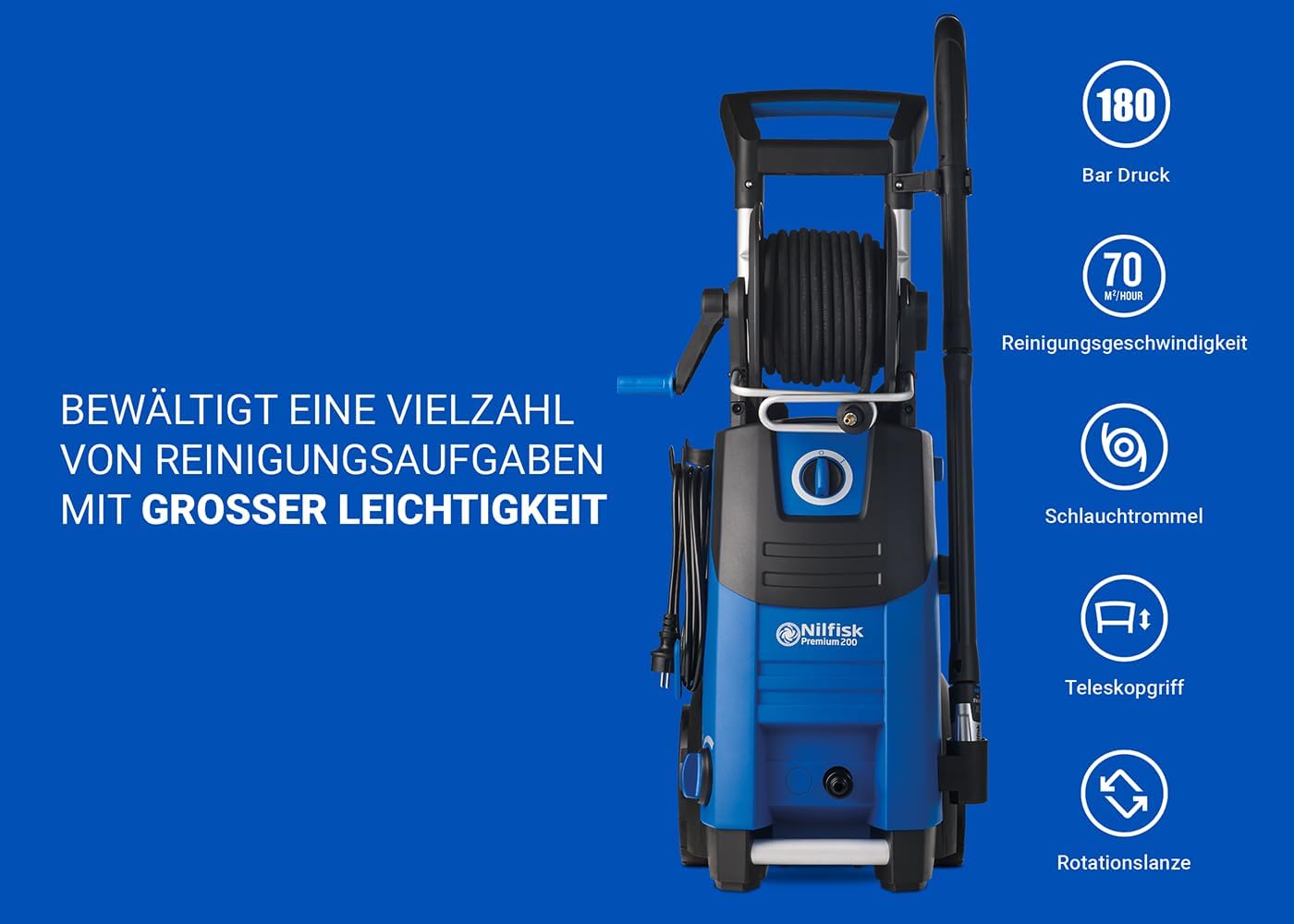 Nilfisk Premium 200 Bar Pressure Washer - Powerful Pressure Washer for Patios, Workshops and Cars (3300 W)