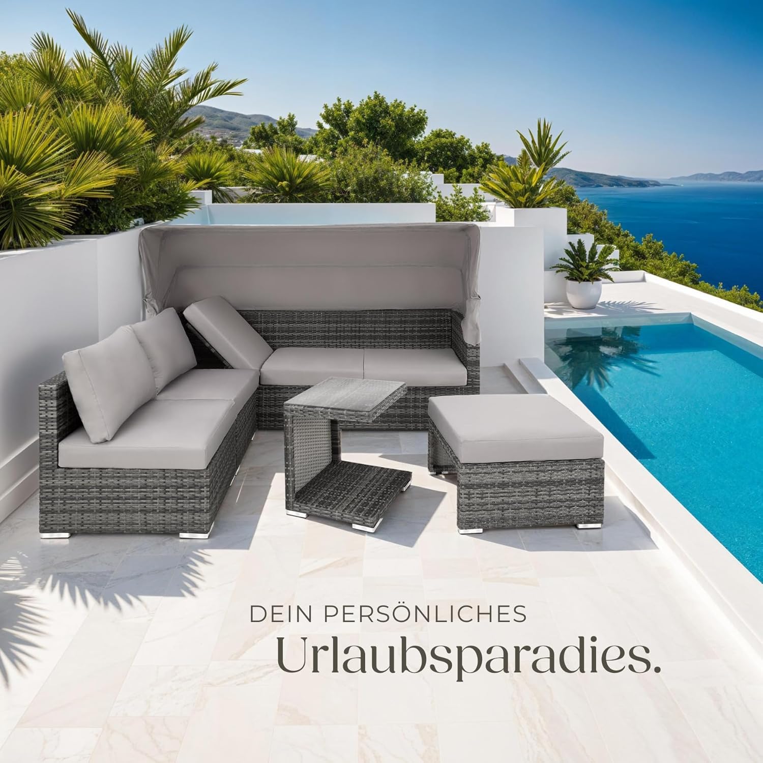 TecTake 800771 Aluminium Poly Rattan Lounge Set, 16-Piece, Weatherproof Garden Sofa with Sun Canopy, Outdoor Furniture Set Including Cushions and Side Table, Various Colours