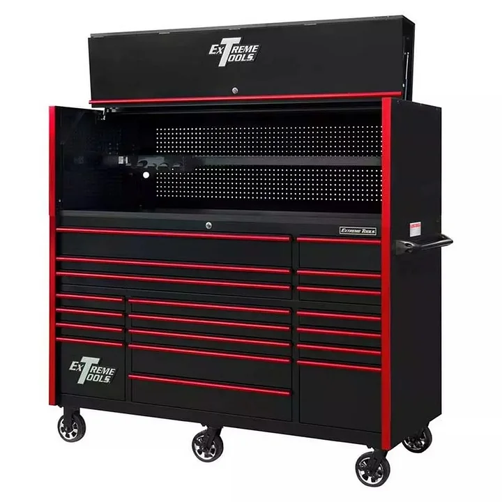 EXTREME TOOLS 72 RX SERIES 19-DRAWER 30 DEEP ROLLER CABINET W/HUTCH - BLACK W/RED DRAWER PULLS
