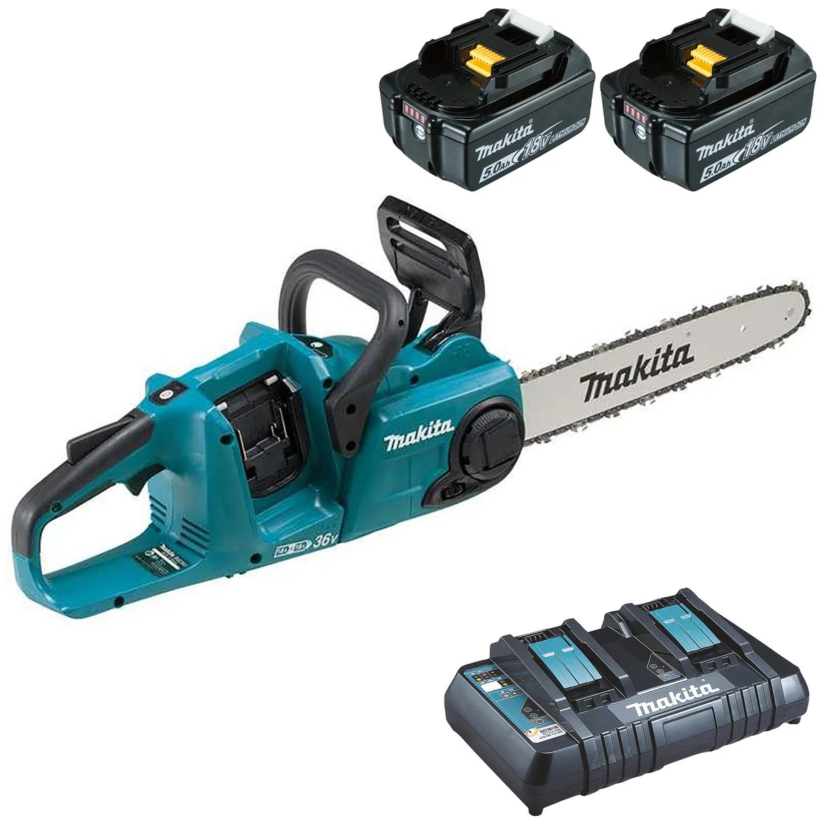 Makita Chainsaw Kit Heavy Duty 35cm 14 18V x 2 LXT Brushless Cordless 2 x 5Ah Battery and Dual Rapid Charger Garden Tree Cutting Pruning DUC353PT2