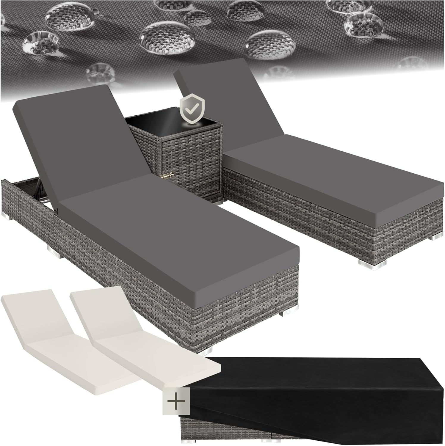 TecTake 403088 Set of 2 Aluminium Polyrattan Sun Lounger + Table incl. Protective covers and 2 cover sets, stainless steel screws, grey