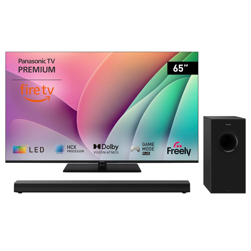 Panasonic TV-65W80AEY W80 Series 65 inch 4K Ultra HD LED Smart TV, 2024, Fire TV, Freely, Dolby Vision & Atmos, Alexa Voice Control, Airplay, Black .Fire TV SC-HTB600EBK Home Theatre Soundbar with Bluetooth and Dolby AtmosEnergy Class E