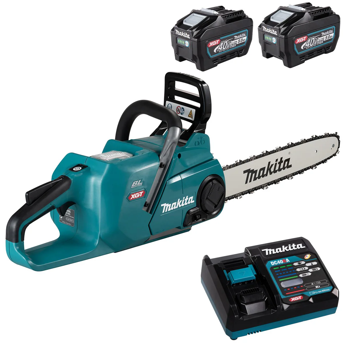 Makita Chainsaw Kit 40cm Heavy Duty 16 40V XGT Brushless Cordless 2 x 5Ah Battery and Rapid Charger Garden Tree Cutting Pruning UC016GT201