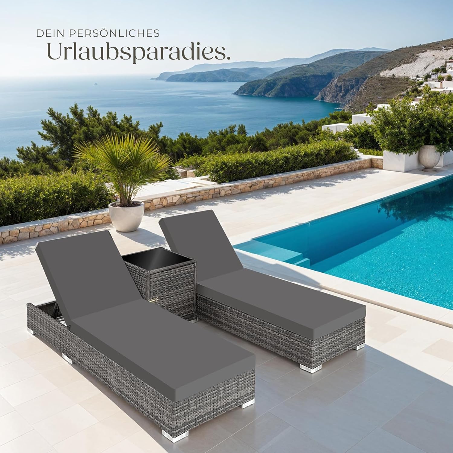 TecTake 403088 Set of 2 Aluminium Polyrattan Sun Lounger + Table incl. Protective covers and 2 cover sets, stainless steel screws, grey