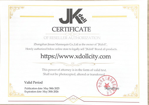 XdollCity authorized distributor certificate for TPE sex dolls from JK Doll