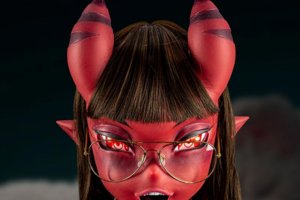 Seductive succubus sex doll with intense gaze and striking, mystical allure