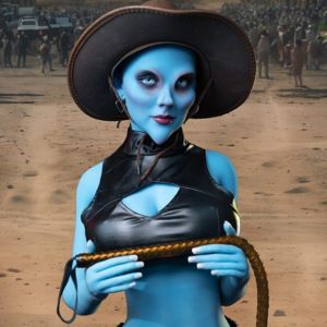 Blue alien sex dolls styled as a cosmic cowgirl with leather outfit and galactic flair