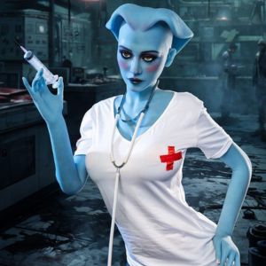 Seductive blue alien nurse character with syringe - a unique pick from Blue Alien Sex Dolls collection