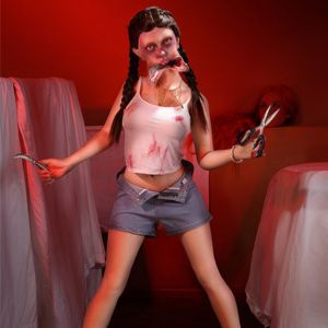 Horror-inspired alien sexdoll with blood stains and knife accessory, styled for collectors