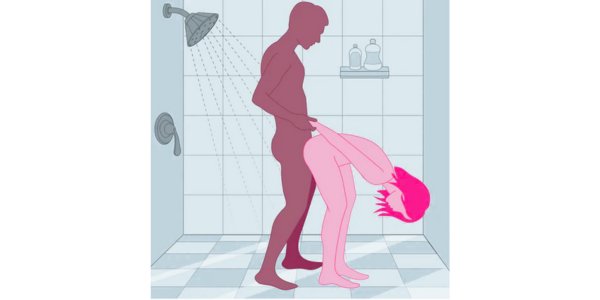 A sex on standing position for shower play, where the receiving partner stands and the giving partner performs anal oral stimulation, enhancing the sensory experience
