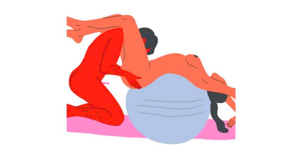Exercise Ball Version, a variation of the speedbump sex position for enhanced angle and deeper pleasure