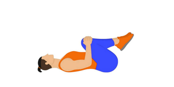 Receiving partner in the mating press sex position, lying on their back with knees drawn toward the chest or shoulders, hands resting on legs, partner's back, or at sides.