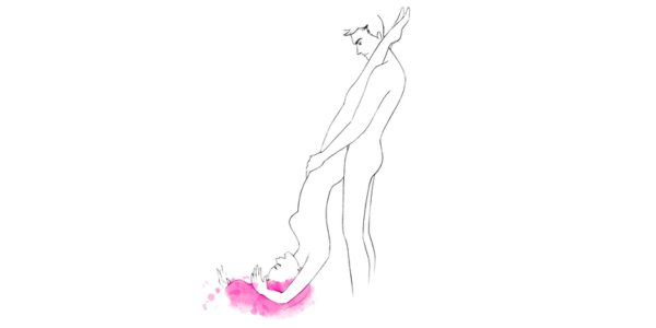 Stick figure illustrations showing sex positions: man on top, reverse, and standing, featuring the piledriver position