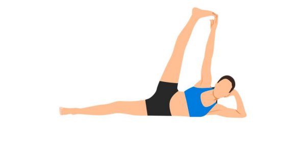 Receiver in the pretzel dip sex position, lying on side with top leg bent across the body