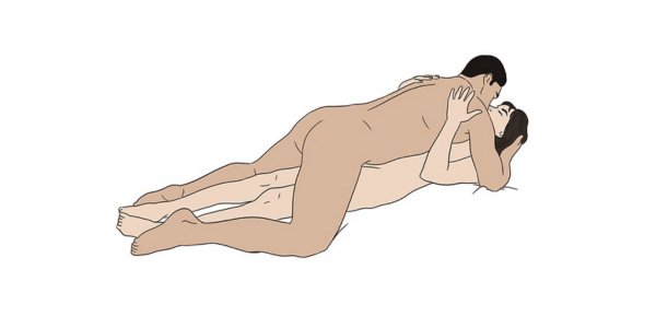 Couple practicing Flatiron sex pose 68 with deep eye contact and synchronized breathing