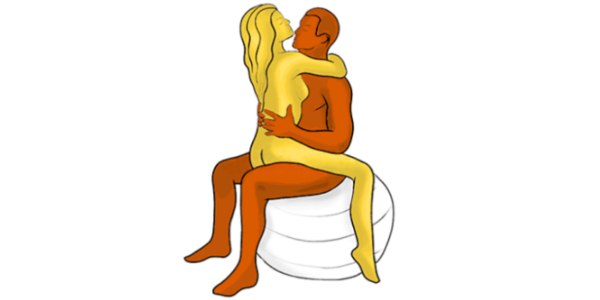 Receiving partner in the Silence on the Ball position, supported by a yoga ball, exploring variations of the close breathing sex position