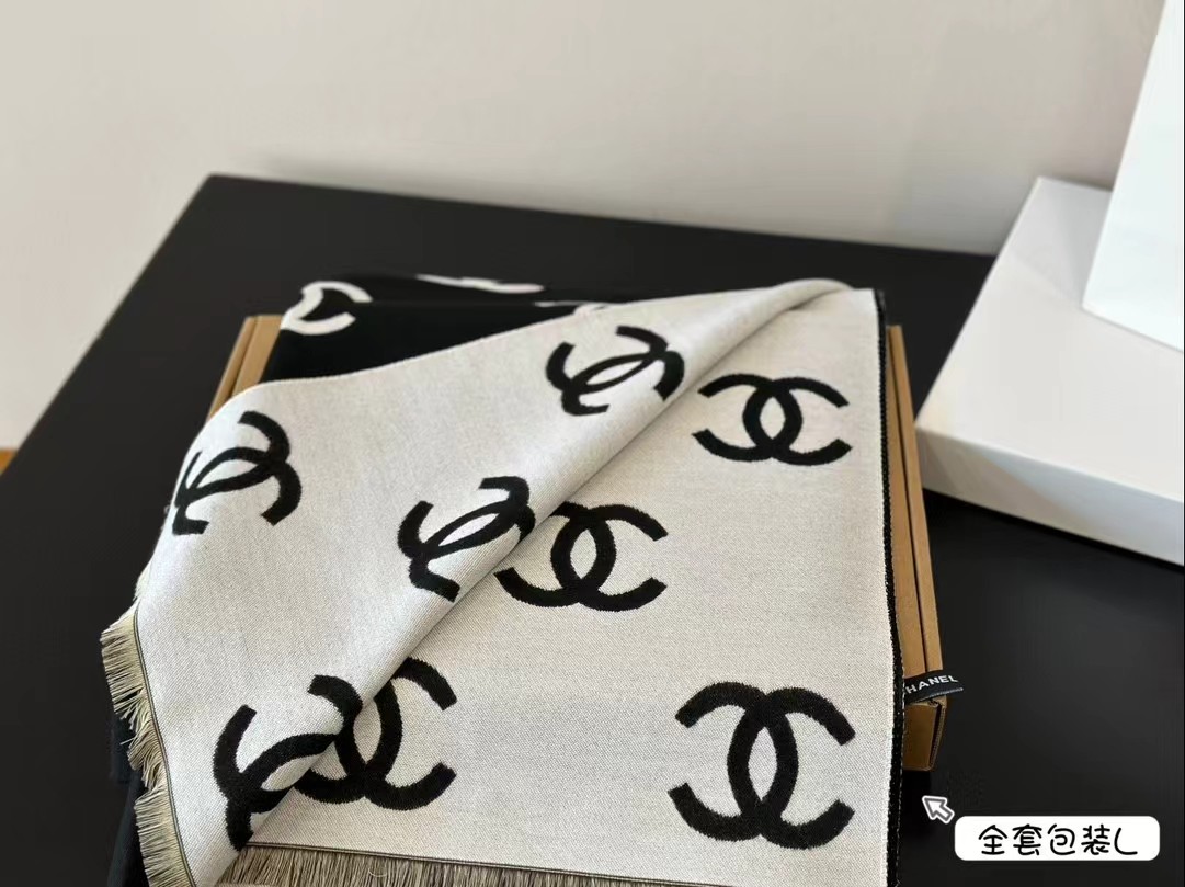 Chanel Black & White CC Logo Wool Blend Scarf