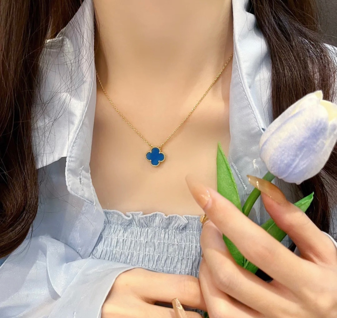 Replica VCA blue agate four-leaf clover necklace