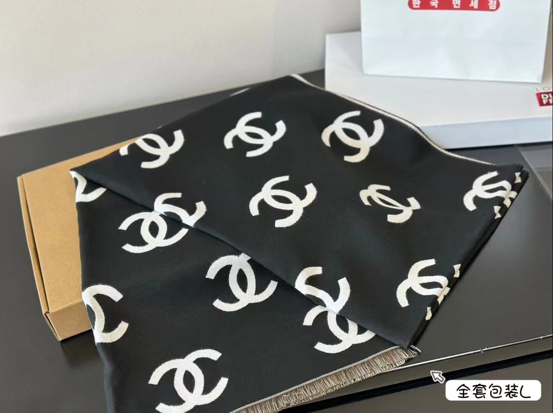 Chanel Black & White CC Logo Wool Blend Scarf