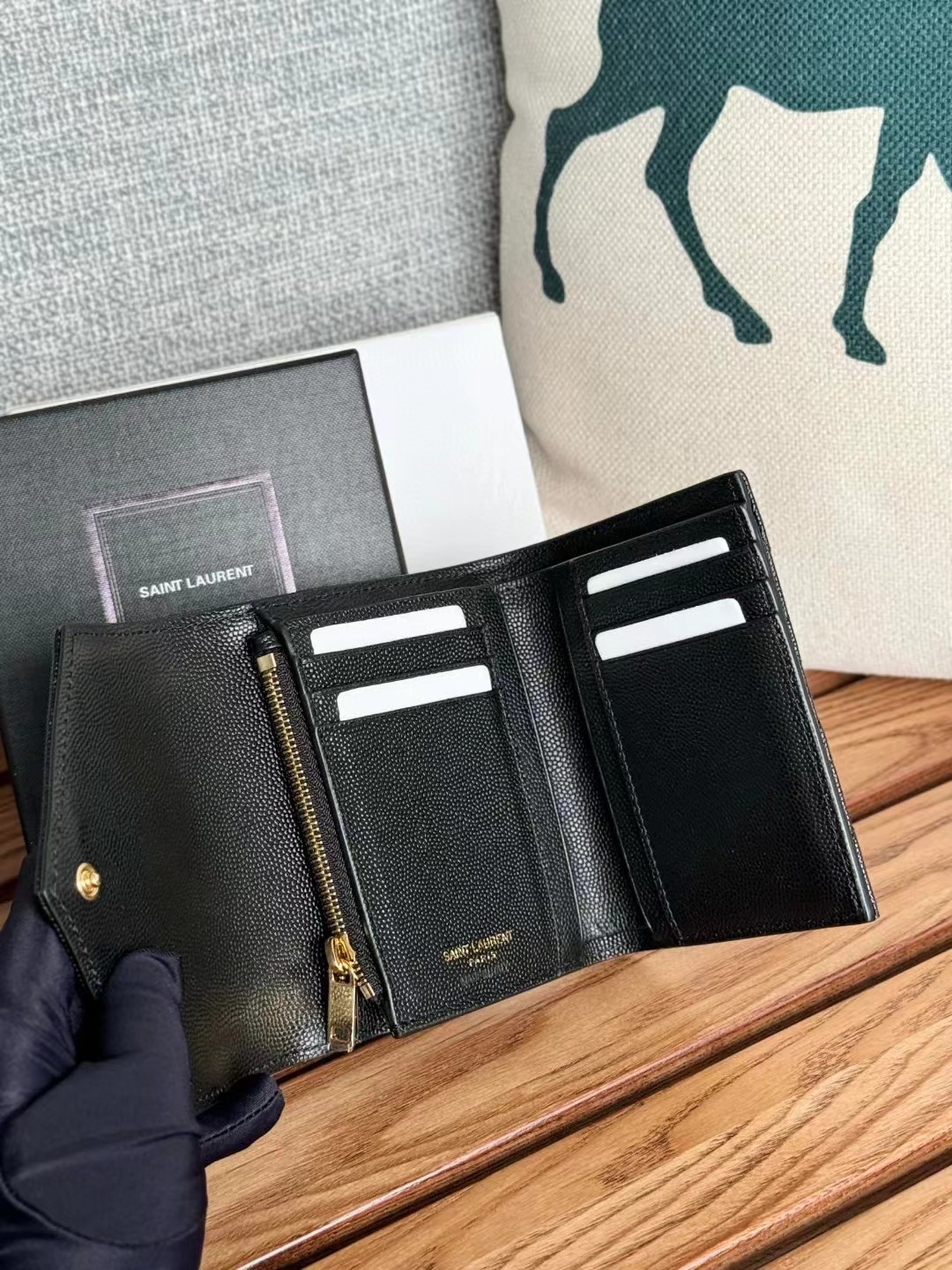 YSL Monogram Trifold Wallet in Grained Leather