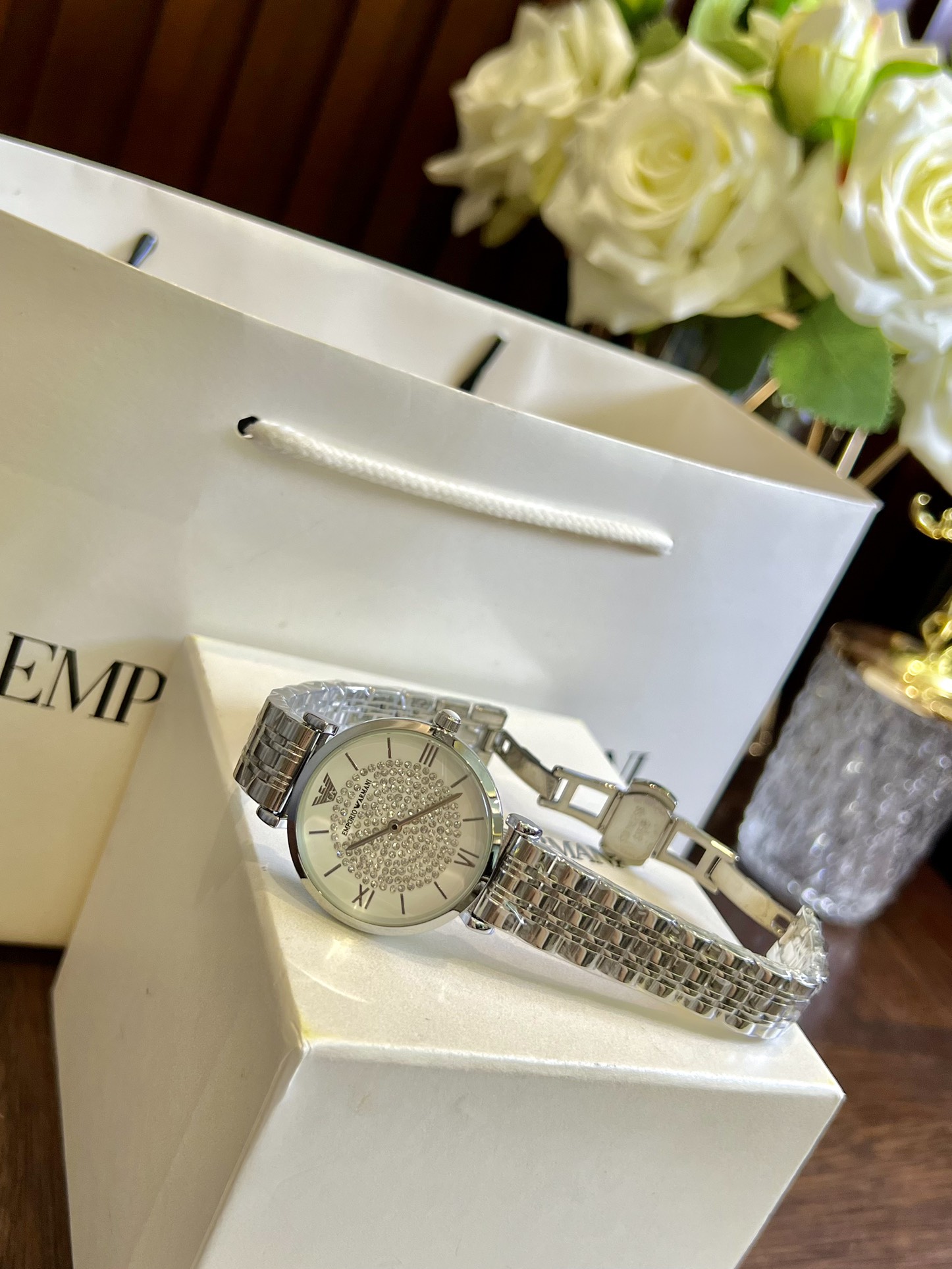 Replica Emporio Armani AR1925 Crystal Pave White Dial Stainless Steel Ladies Watch