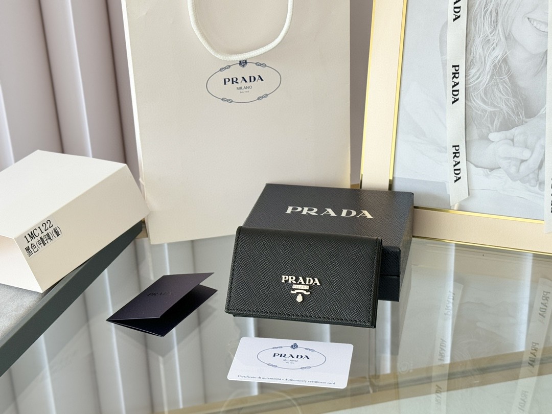 Prada Wallet Card Holder Purse 100% Genuine In Black Saffiano Leather