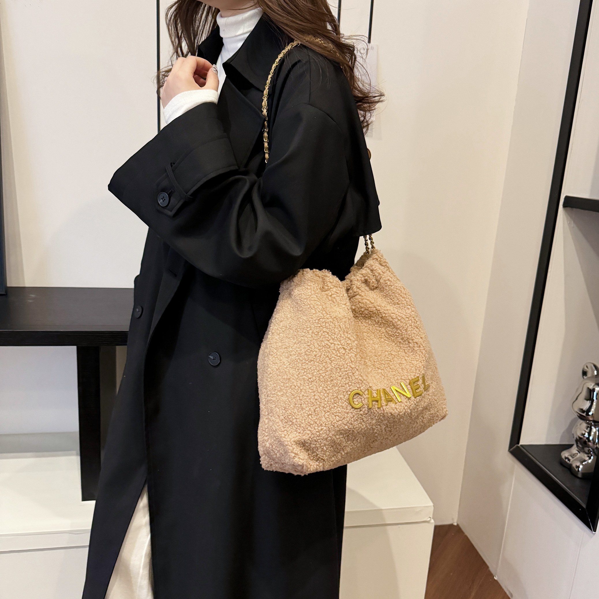 Chanel lamb wool chain bag