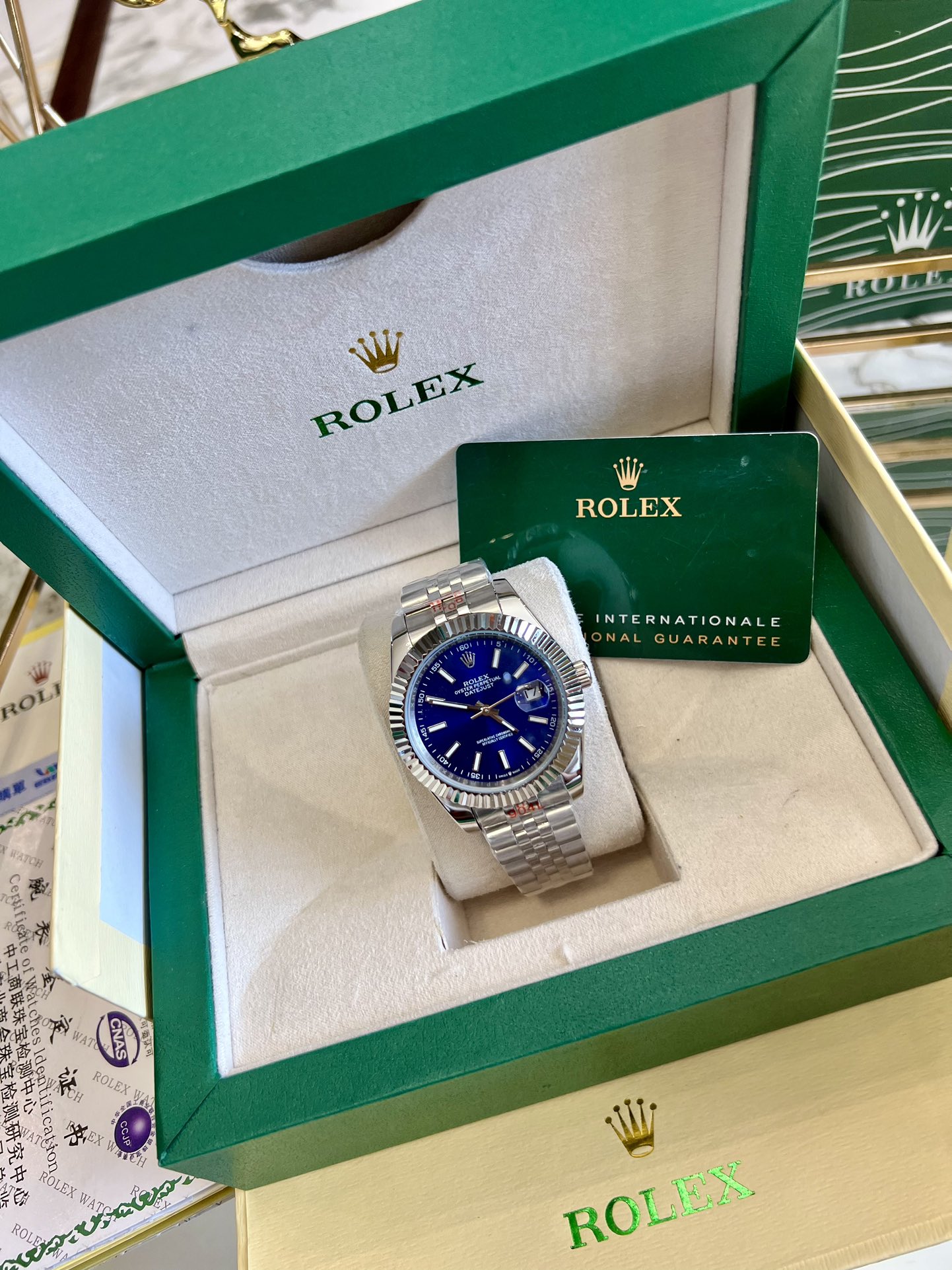 Replica Rolex Datejust Blue Dial Jubilee 18K White Gold Bezel Watch