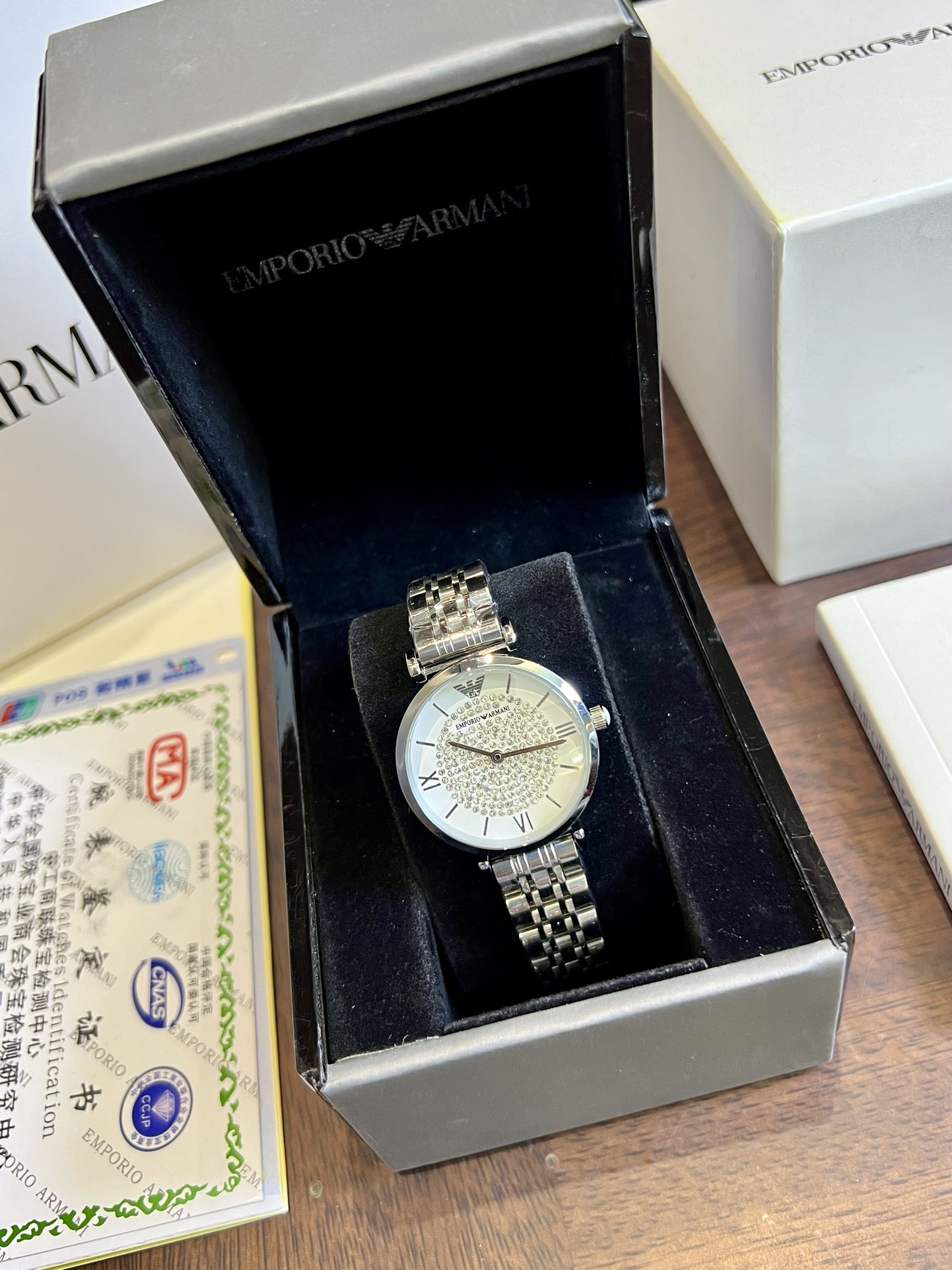 Replica Emporio Armani AR1925 Crystal Pave White Dial Stainless Steel Ladies Watch