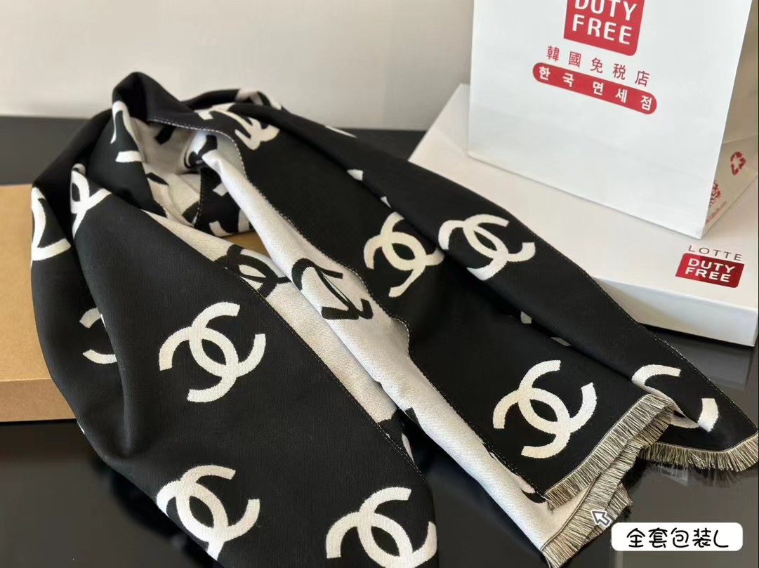 Chanel Black & White CC Logo Wool Blend Scarf