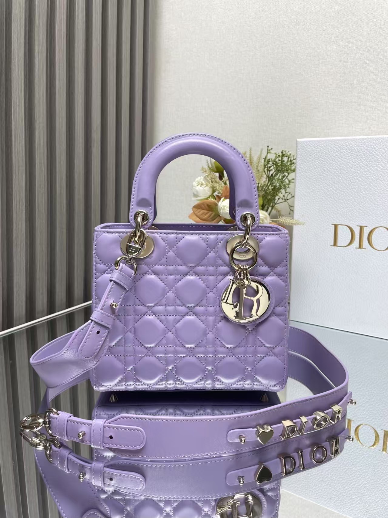 Top version Dior lady Purple sheepskin handbag