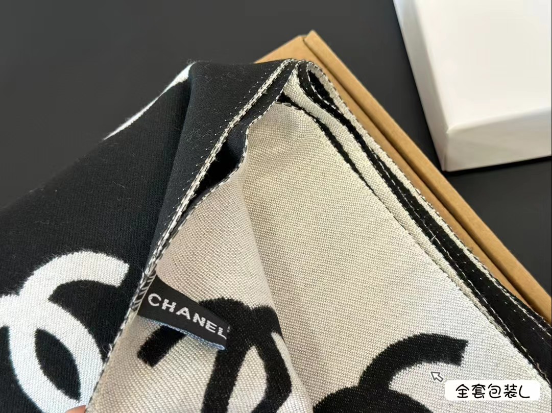 Chanel Black & White CC Logo Wool Blend Scarf