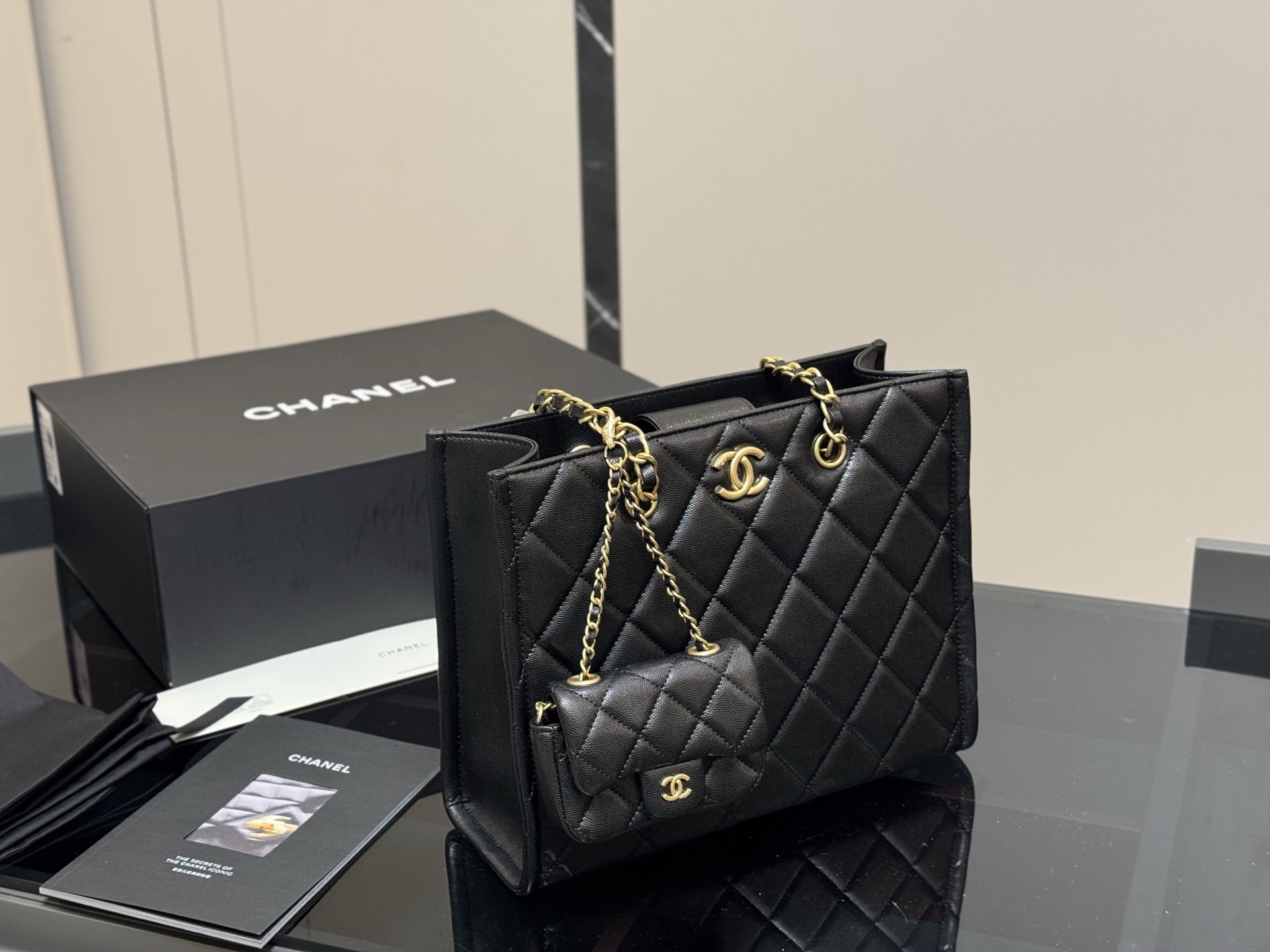 Chanel tote shopping bag and mini small bag set