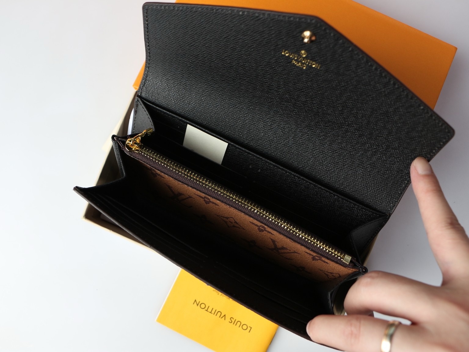 LV wallet square envelope style imprinted snap button