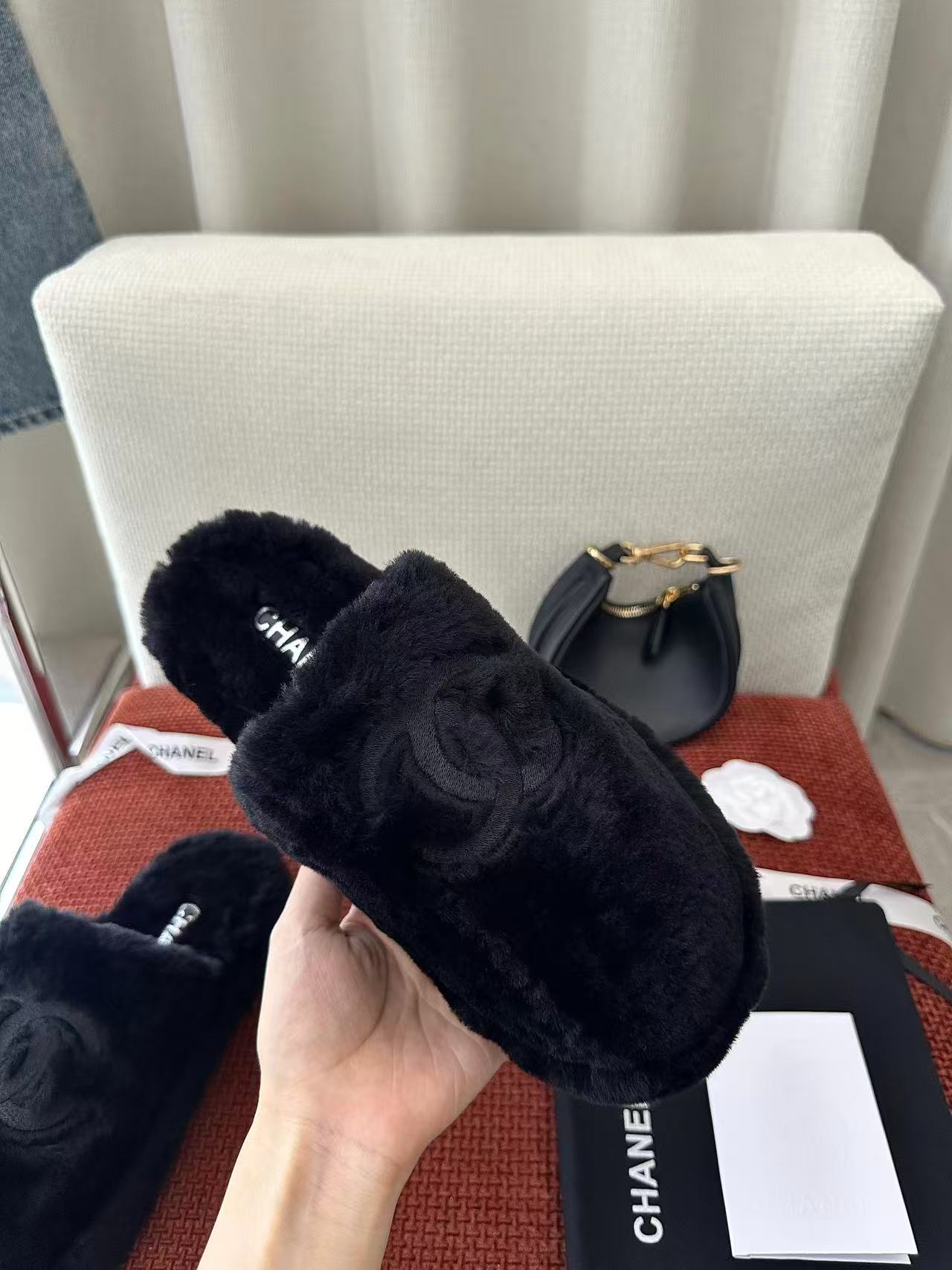 Chanel double C embroidered fur slippers