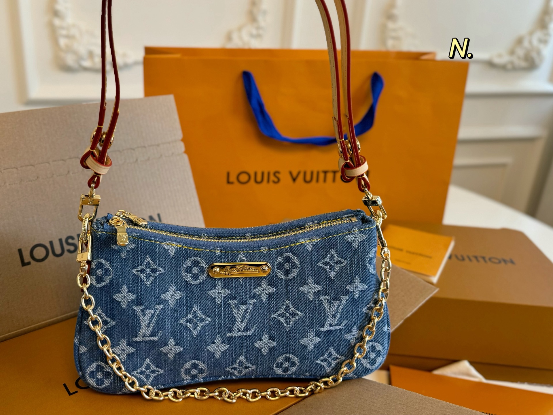 LV denim Liv pochette chain underarm bag