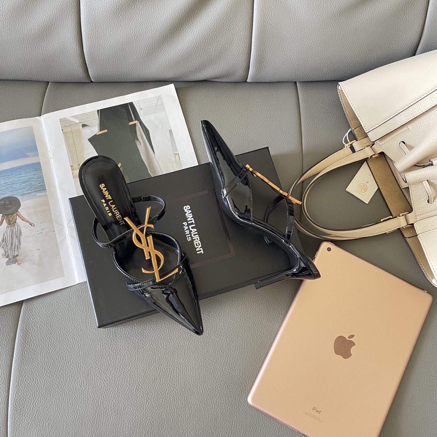 YSL summer letter buckle pointed sandals