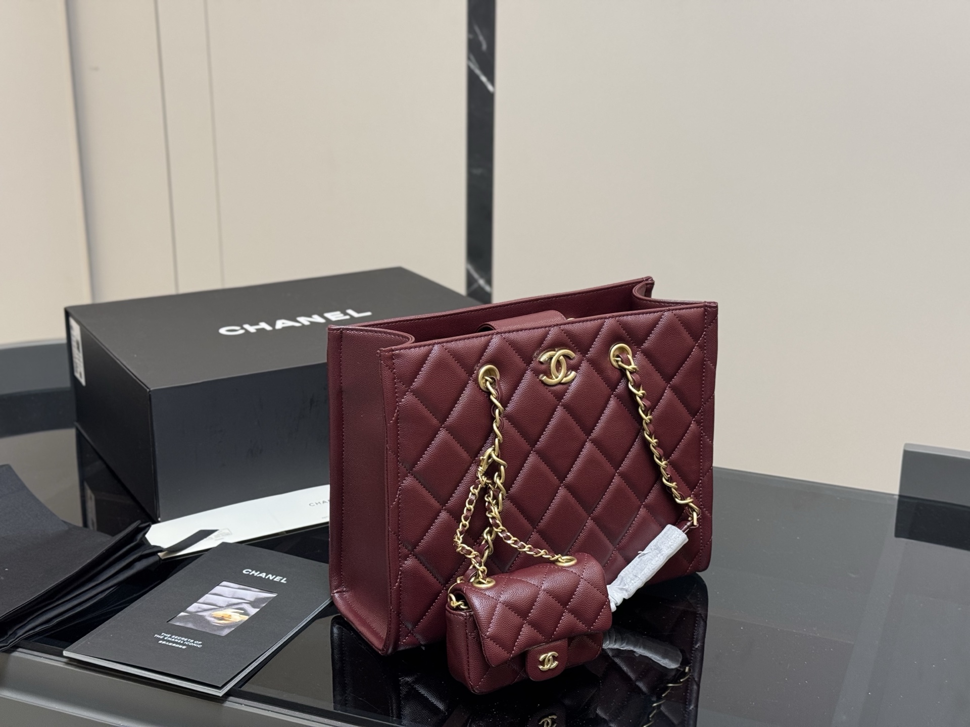 Chanel tote shopping bag and mini small bag set