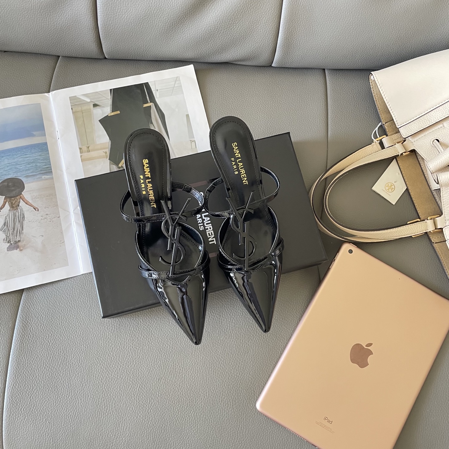 YSL summer letter buckle pointed sandals