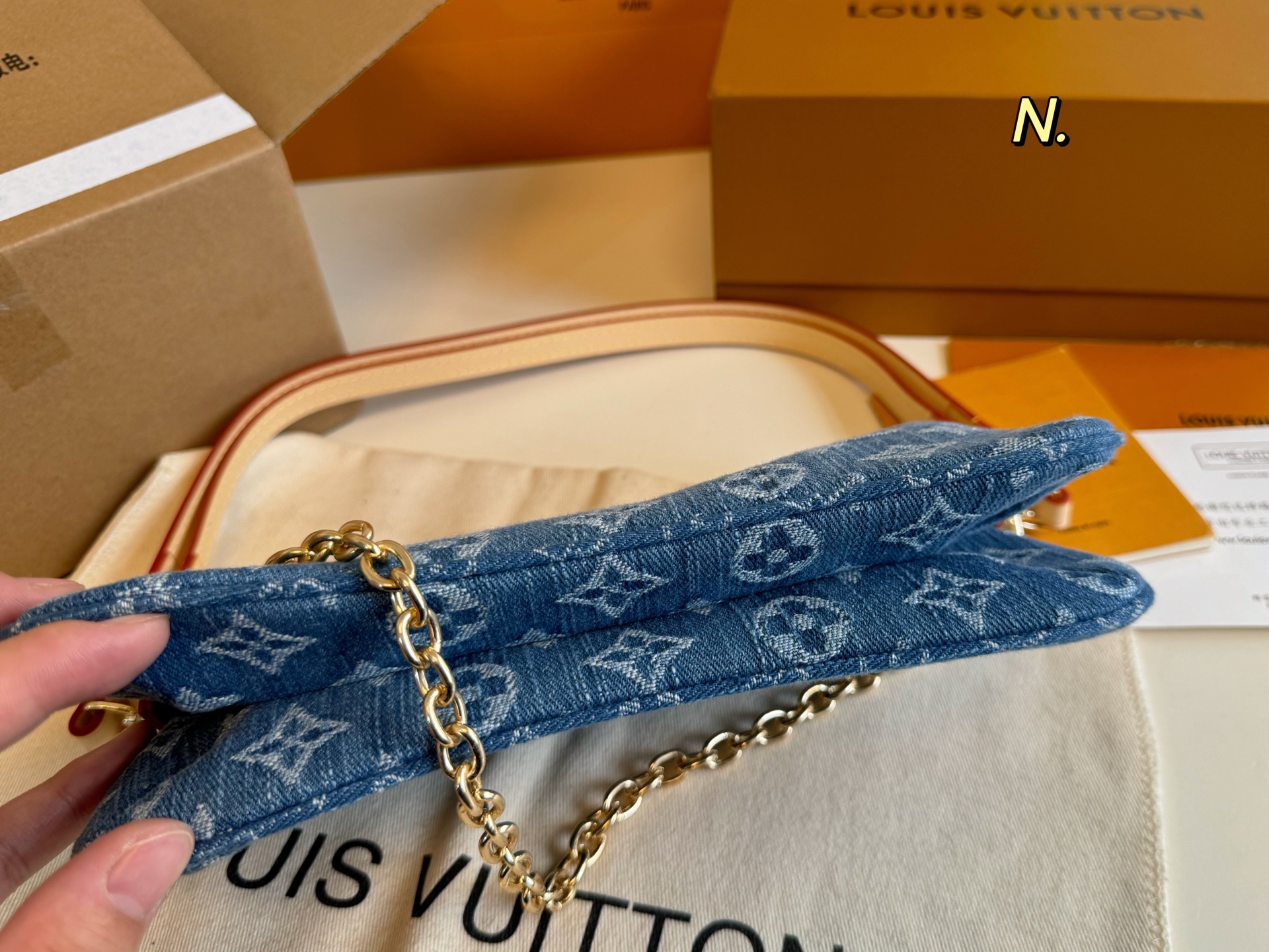 LV denim Liv pochette chain underarm bag