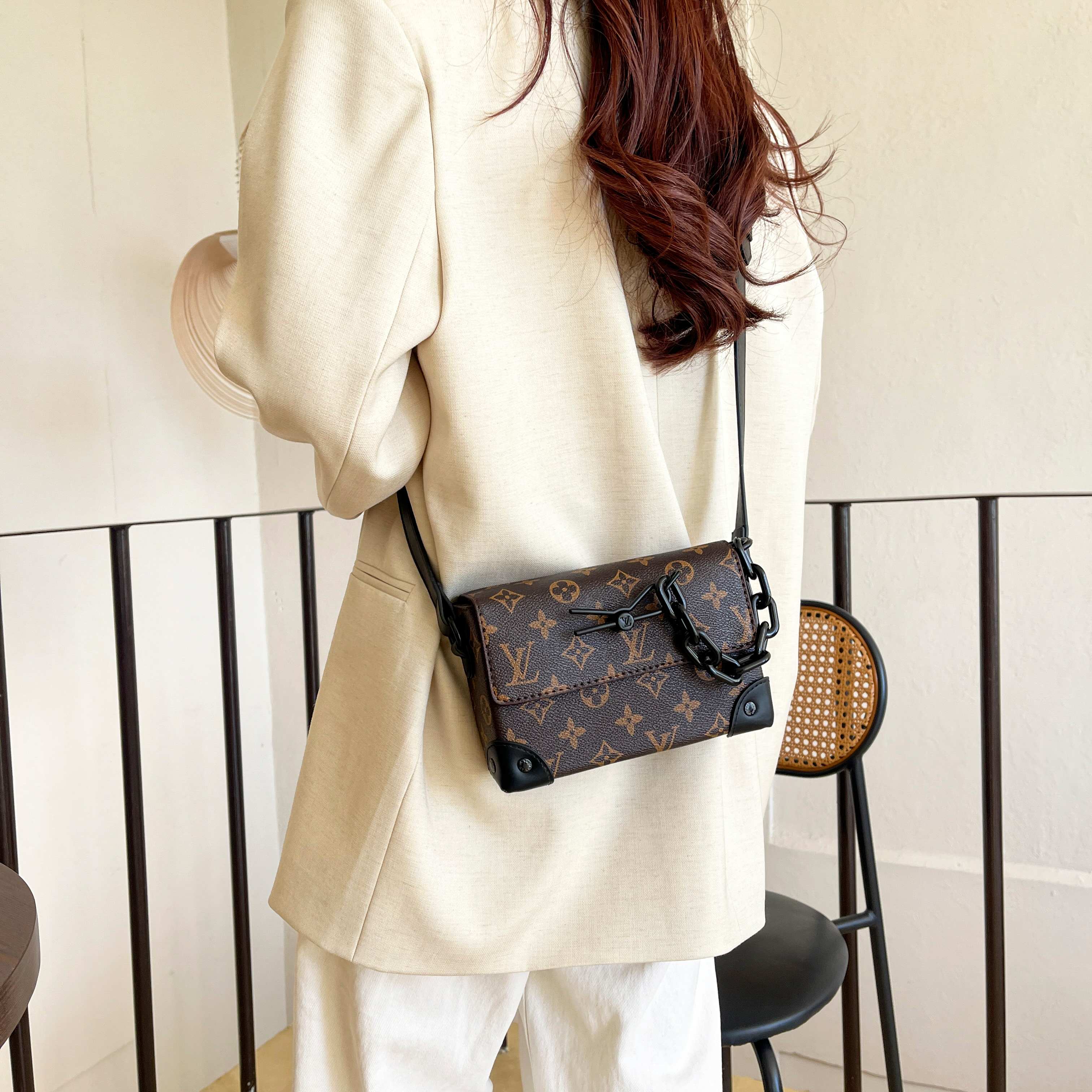 LV presbyopic chain embellished flap shoulder crossbody bag