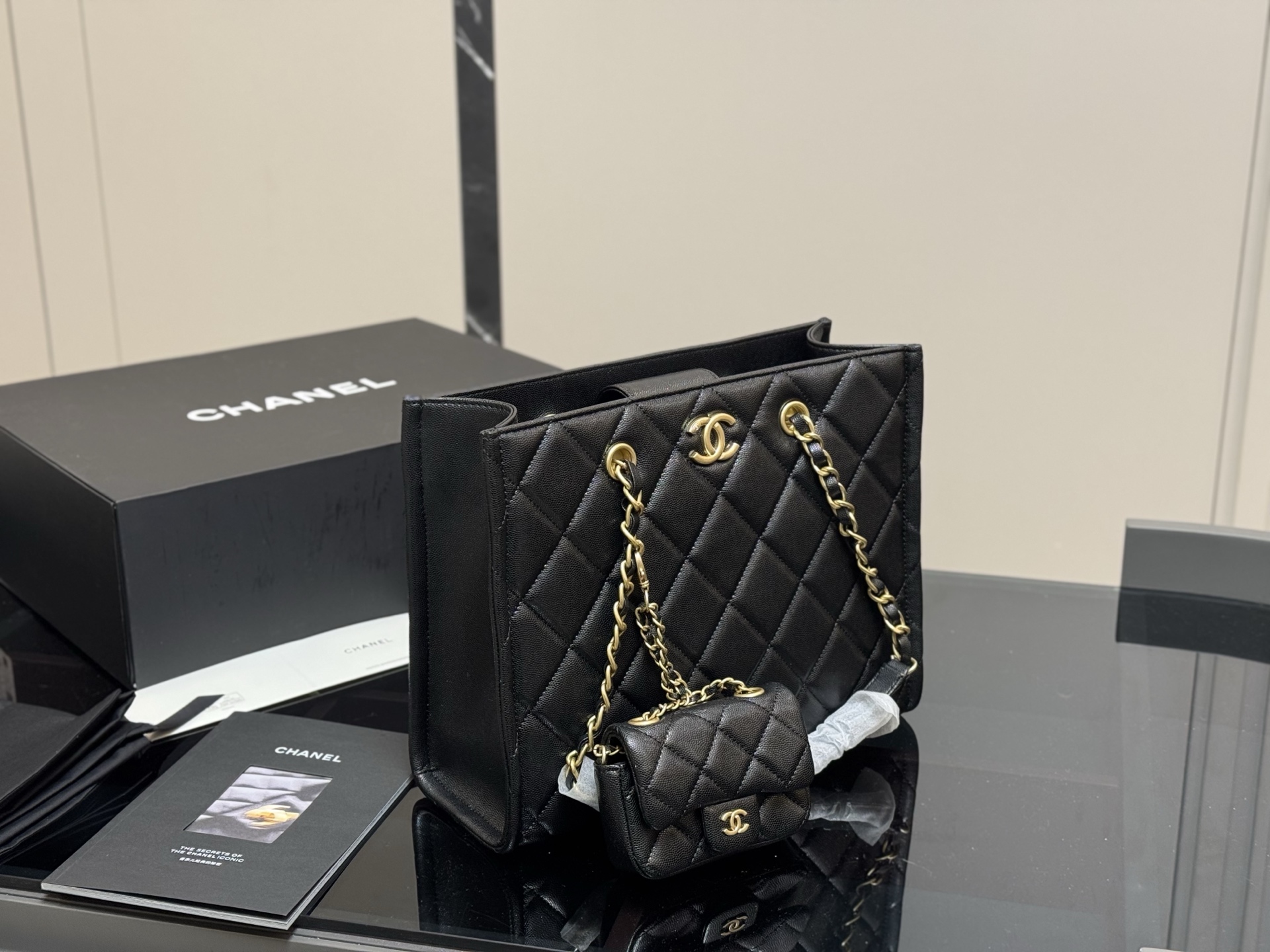 Chanel tote shopping bag and mini small bag set