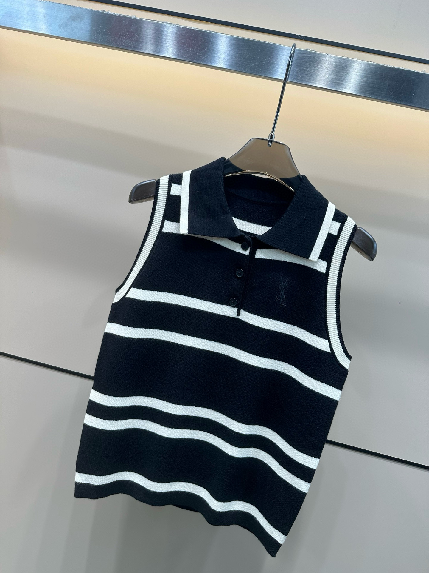 YSL letter embroidered striped lapel knitted vest