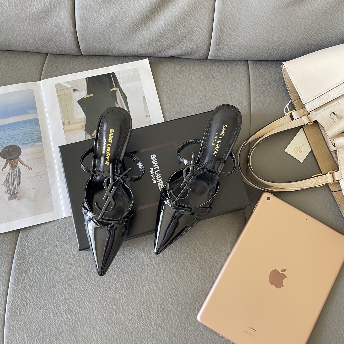 YSL summer letter buckle pointed sandals