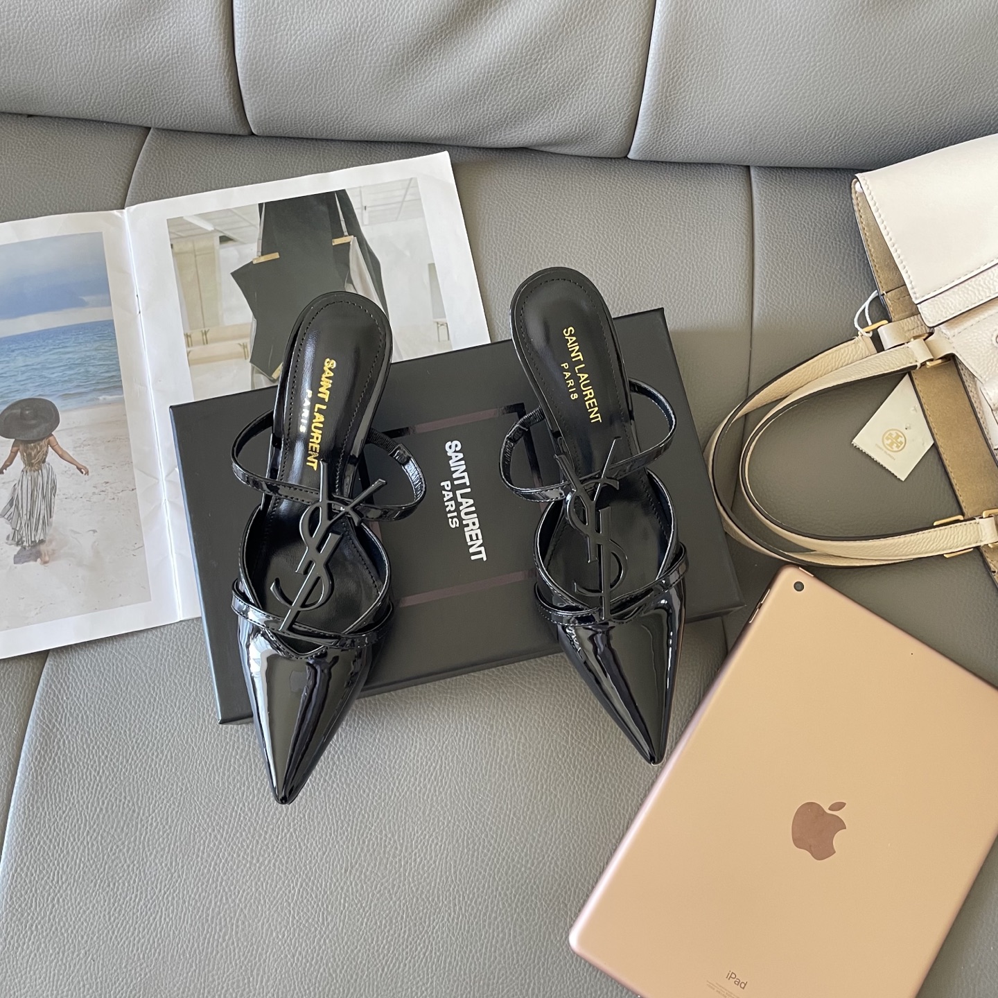 YSL summer letter buckle pointed sandals