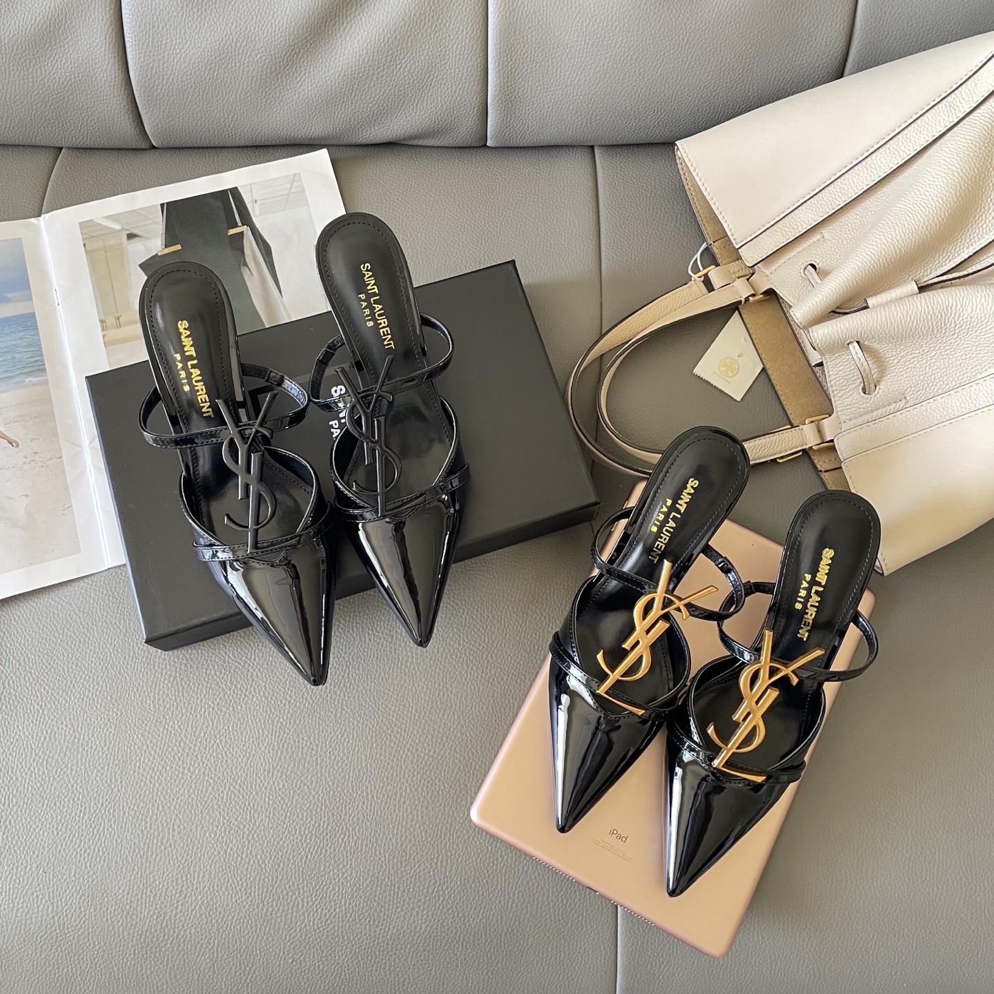 YSL summer letter buckle pointed sandals