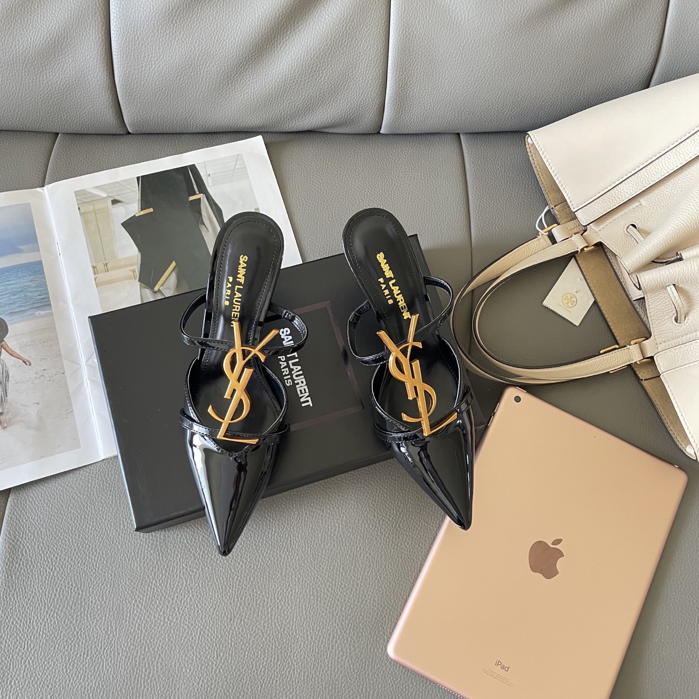 YSL summer letter buckle pointed sandals