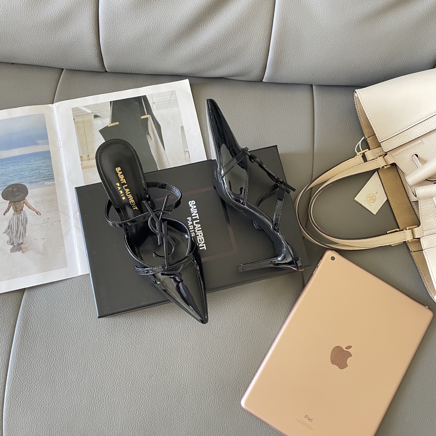 YSL summer letter buckle pointed sandals