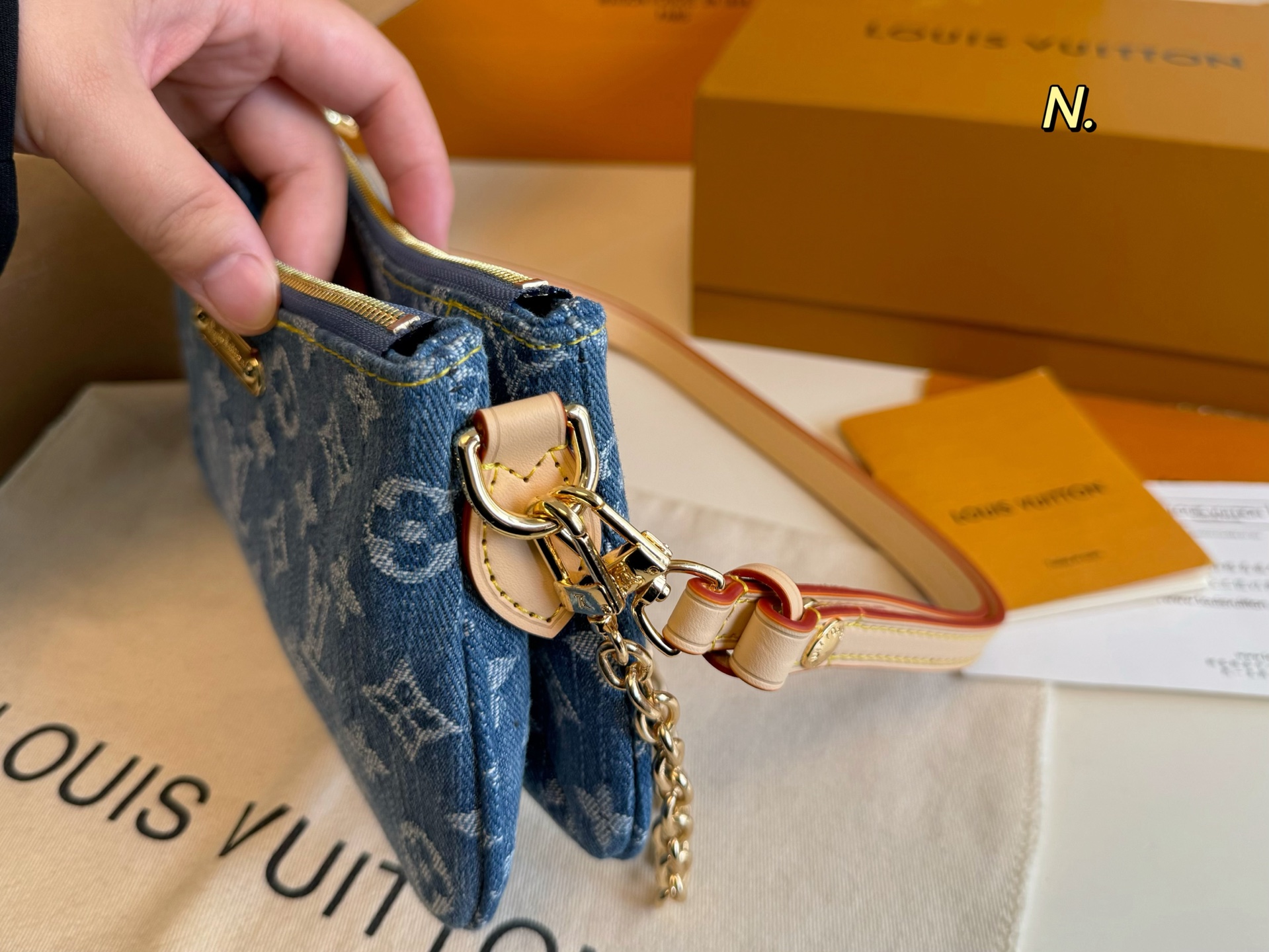 LV denim Liv pochette chain underarm bag