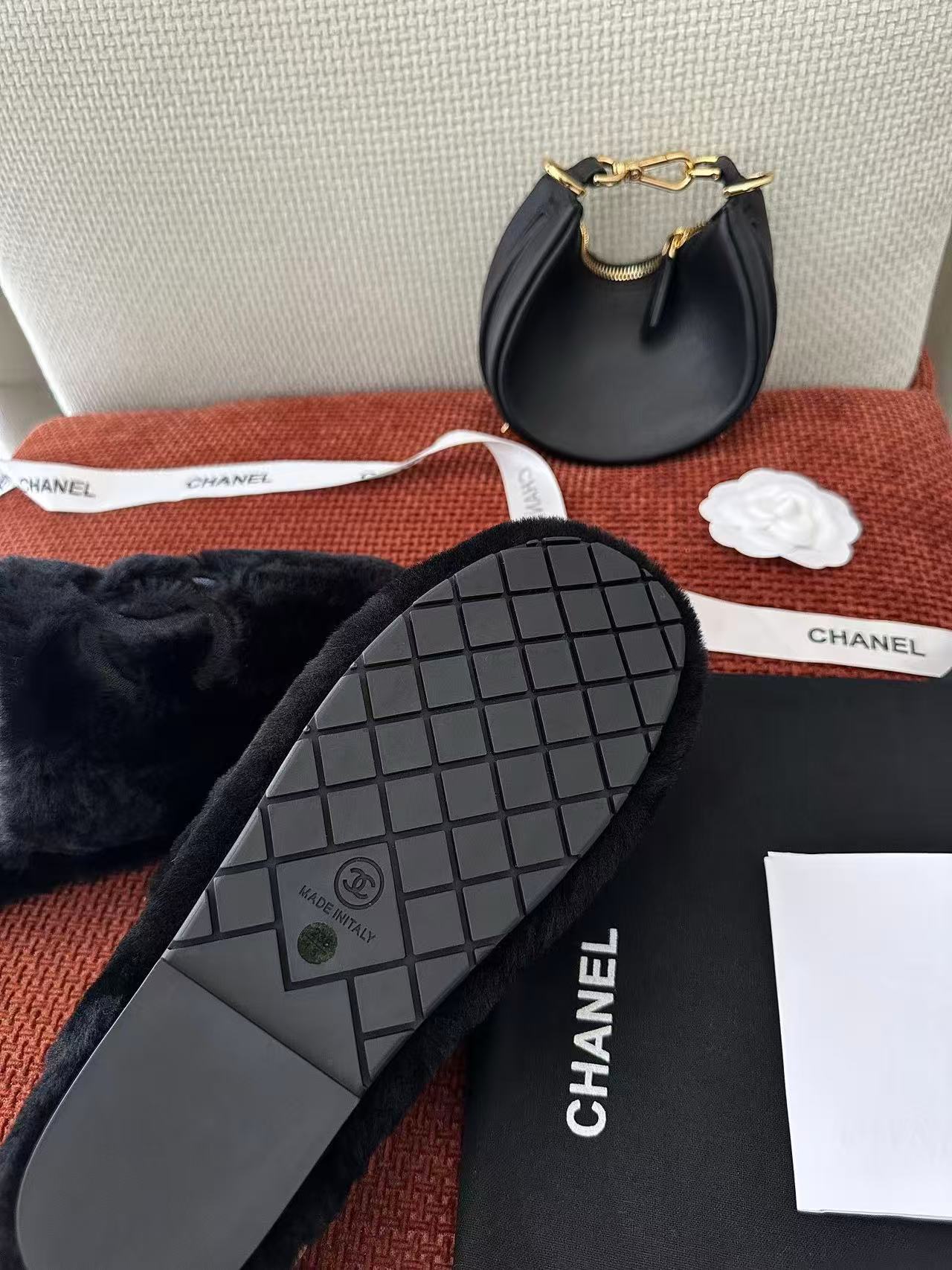Chanel double C embroidered fur slippers